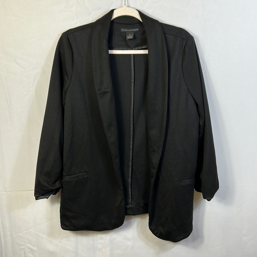 Grace Elements Black Open Jacket Sz XL Faux Pockets Gently worn Ruched sleeves